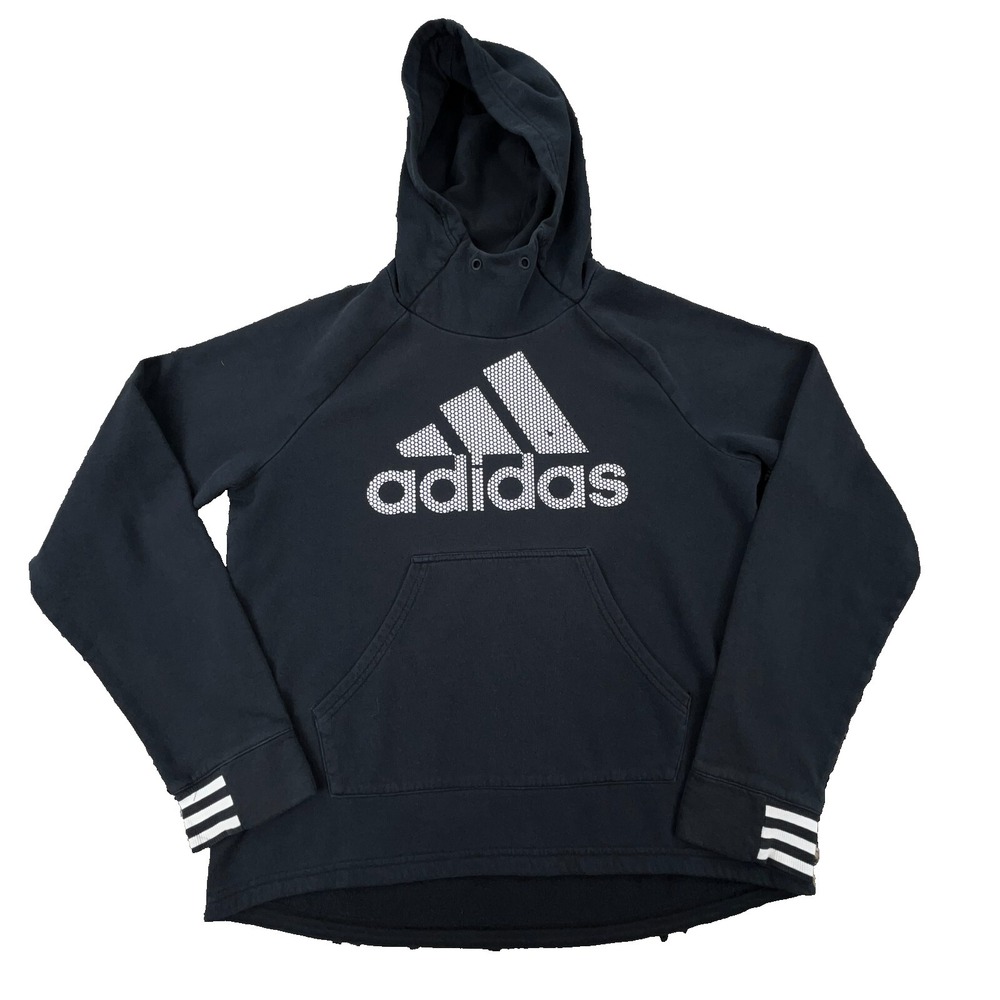 Adidas Hoodie Women Medium Black White Sweatshirt Sweater Faded Spell Out Ladies